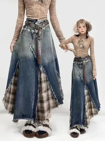 빅 사이즈 스커트 체크 무늬 불규칙 여성용 새상품 데님