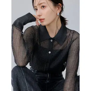 anuans 아뉴앙스 라메 메쉬 니트 피케 셔츠 새상품급