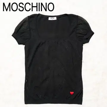 [새상품급] 모스키노 반팔 니트 이탈리아제 하트 자수 메쉬 소매 S 블랙