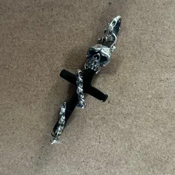 925 각인 빈티지 실버 목걸이 스컬 크로스 흑석 스털링