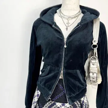 y2k 00s 당시물 레이스 파이핑 벨로아 더블 지퍼 후드티