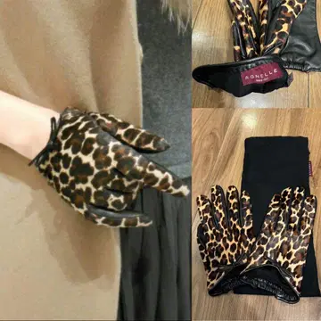 AGNELLE 아녜르 가죽 송치 레오파드 장갑 실크 리본 천연 가죽