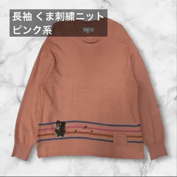 곰 자수 니트 스웨터 M~L 상당 핑크 계열 귀여운 음표 패턴 울 혼방