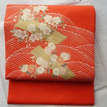 시오제 나고야 오비 순수 실크 파도에 꽃배 단풍색