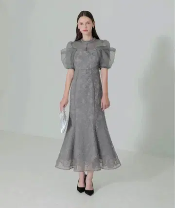 LEJA 오간자 드레이프 퍼프 슬리브 머메이드 원피스 드레스 S