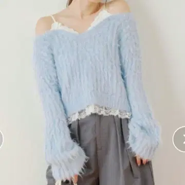 Chico 레이스 도킹 샤기 니트 블루 프리 사이즈