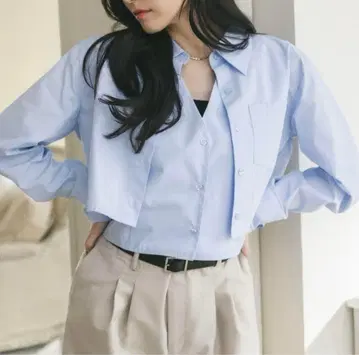라이트 블루 크롭 셔츠 베스트 세트