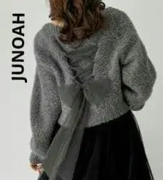 JUNOAH 주노아 니트 레이스업 튤 리본 니트