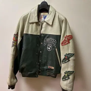 AVIREX 바시티 자켓 가죽 그린 베이지
