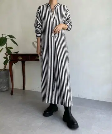 스트라이프 스탠드 셔츠 원피스