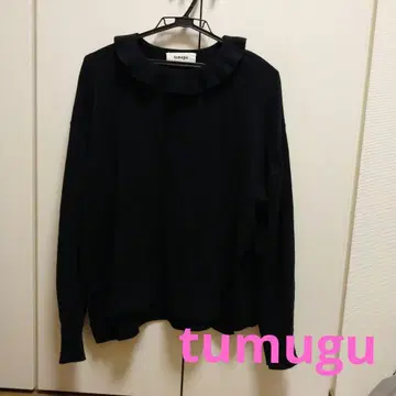 [ tumugu ] 츠무구 랜덤 리브 니트 카라 부착 풀오버 블랙