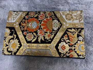 꽃무늬 자수 후쿠로 오비 블랙 골드