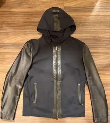 후드 부착 가죽 콤비 자켓