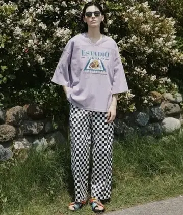 Freada/프리다 새틴 이지 팬츠 F 체크 무늬 깃발