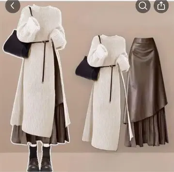 여성용 겨울용 수트 스웨터 포함 데님 스트랩 스커트 2종 세트