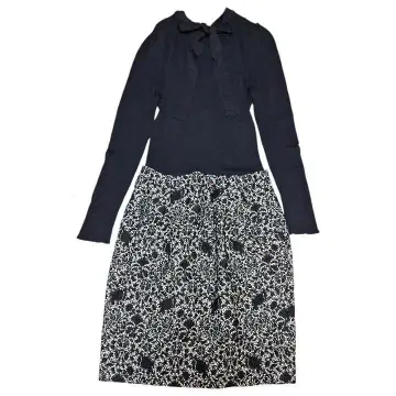 에포카 보타이 리브 니트 절개 원피스 무릎 아래 기장 자카드풍 블랙