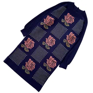 새상품급 Saito Toyoko 사이토 토요코 꽃무늬 니트 원피스 네이비