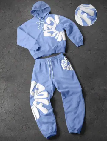 라이트 블루 후드 부착 후드티와 팬츠 세트