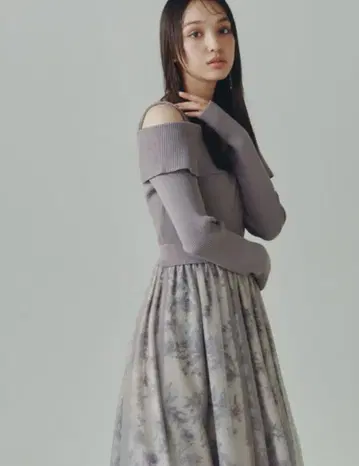 플라워 프린트 튤 도킹 니트 원피스