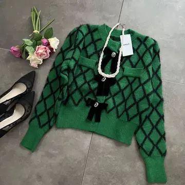 택 포함 미사용 새상품 디홀릭 리본 포인트 체크 가디건 크리스마스