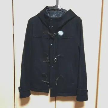 블랙 더플 코트 후드 부착 울 혼방