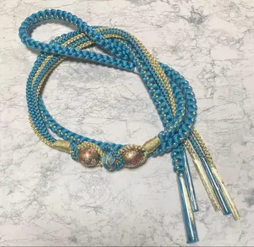 후리소데용 허리띠 탁한 스카이블루 오다마키 전사 구슬 성인식 사전 촬영