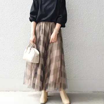 SHIPS 한정판 튤 체크 플리츠 스커트 샤샤 스커트 베이지