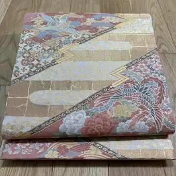 육통 무늬 후쿠로 오비 복숭아 산화조 문 금실 순수 실크 427