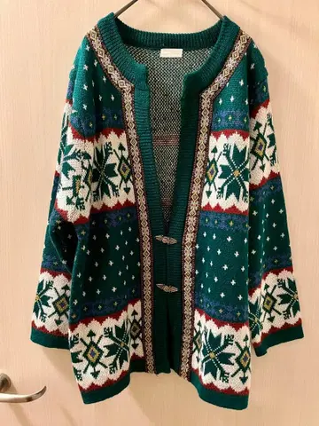 구제 의류 크리스마스 그린 컬러 눈꽃 무늬 니트 가디건