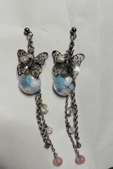 시미즈자카 유리관 롱 귀걸이 스카이블루 나비 꽃 teftef