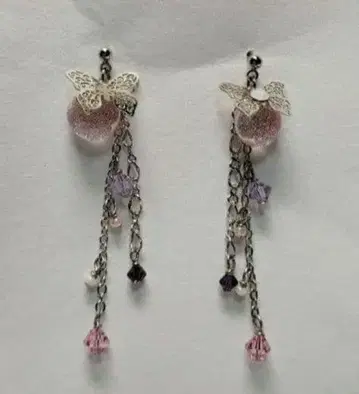 시미즈자카 유리관 롱 귀걸이 나비 핑크