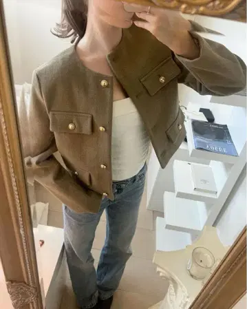 ZARA 플랩 크롭 트위드 블레이저 올리브 카키