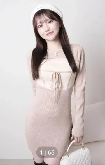 LIP SERVICE 데콜테 오픈 바이컬러 리본 니트 원피스 미니 기장