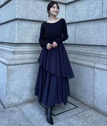 anuans 보트넥 불규칙 밑단 도킹 니트 원피스