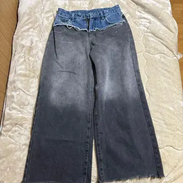 리메이크 데님 그레이 와이드 데님 팬츠 블랙 데님 프린지 헴