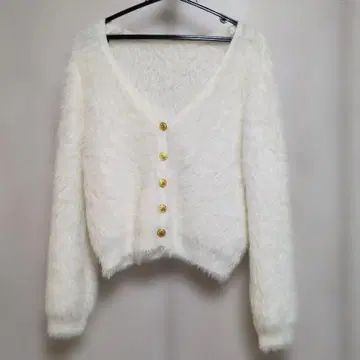 여성용 가디건 퍼 니트 화이트 골드 버튼 샤기 가디건