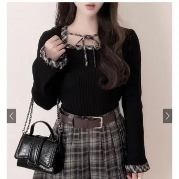 체크 무늬 리본 리브 니트탑