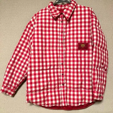 핑크하우스 곰돌이 와펜 레드 화이트 체크 패턴 다운 자켓