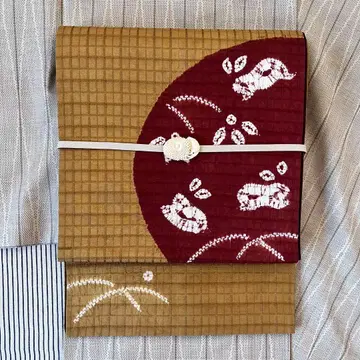 복합 오비  토끼 겨자색 브라운 계열 오타이코 패턴 순수 실크