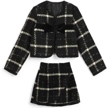 트위드 체크 무늬 리본 자켓 x 미니 스커트 셋업[gn556]