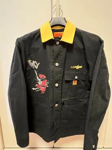 Lef Alone 블랙 노랑 옷깃 자수 커버올 M