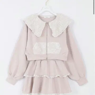 evelyn 레이스 카라 부착 핑크 맨투맨 셋업