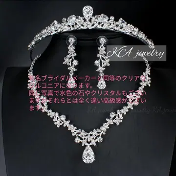 최고 품질 3종 세트 새상품 목걸이 귀찌 티아라 미사용 웨딩 작은 꽃