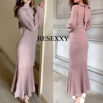 RESEXXY 니트 롱 원피스 긴팔 핑크