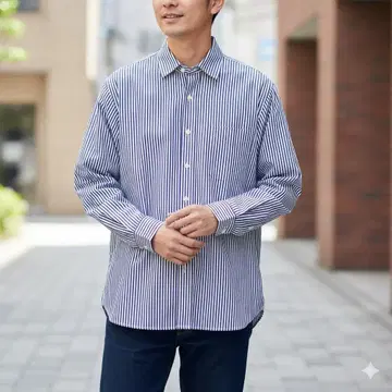 브리티시 카키 스트라이프 긴팔 셔츠 남성용 블루 코튼 M