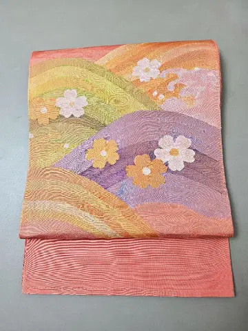 트위드 주홍색 꽃무늬 후쿠로 오비