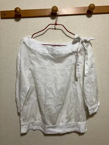 IENA 이에나 보트넥 블라우스 셔츠 7부 소매 리본 화이트 무지 면