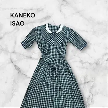 레어 카네코 이사오 체크 무늬 화이트 카라 롱 원피스 리본 면 Y2K