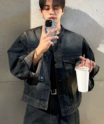 [ NOWLE ] 빈티지 워시 노카라 숏 데님 자켓