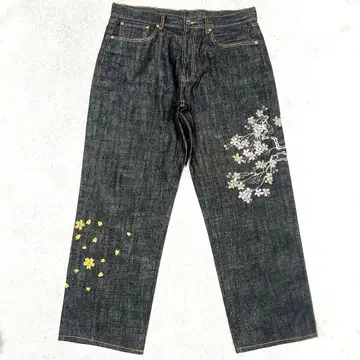 사이카이 벚꽃 자수 데님 팬츠 빅 사이즈 36 다크 네이비